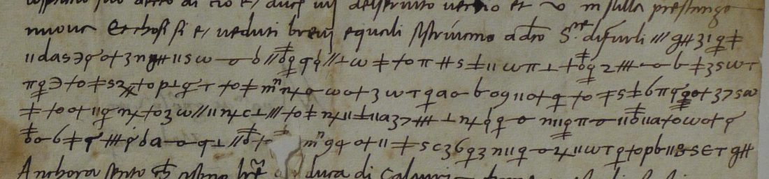 Five lines of continuous cipher signs below a line of clear Italian ending scriviamo a dto Sre di Furli