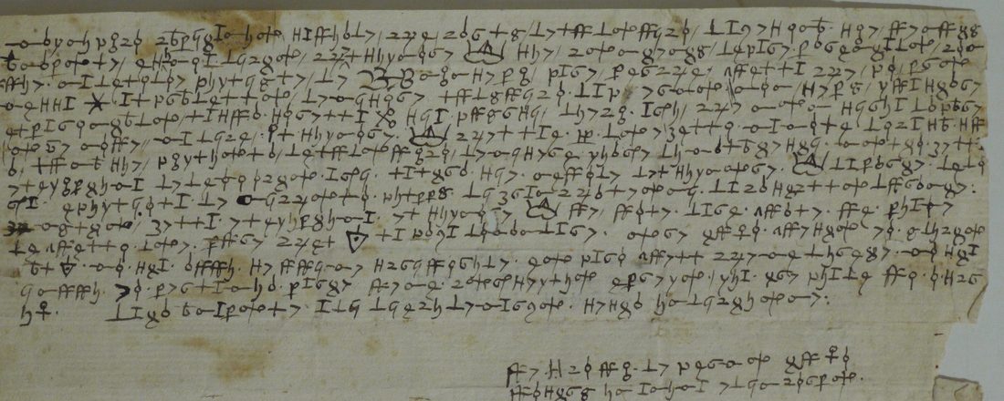 A sheet of sixteen lines of small invented signs separated by short strokes, with a crown-like sign in several places and two lines of signature below