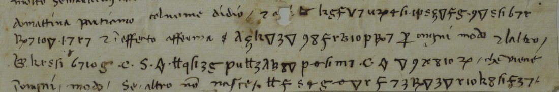 Four lines in which clear cursive gives way to upright cipher signs: digits, triangles, B-shapes and letters