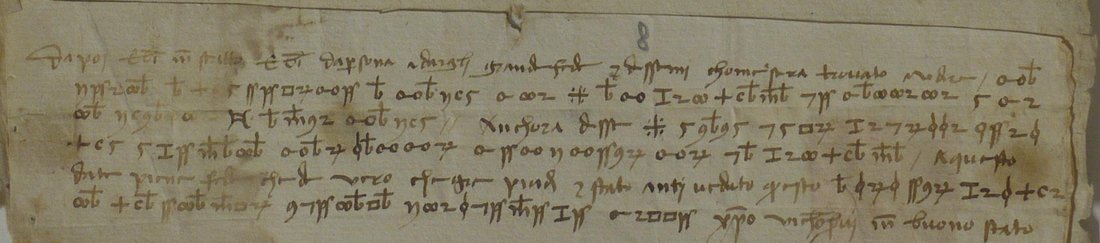 Six lines of mixed cursive and cipher signs: crossed b-shapes, joined rings, z-shaped twos, squares and a double cross with four dots