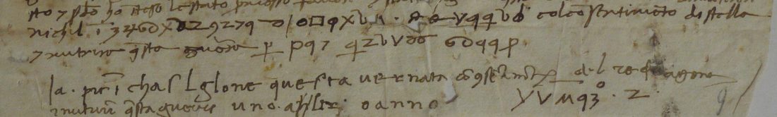 Five lines of a paper slip: two lines with runs of cipher signs inside Italian, then two lines of Italian in another hand and a short group of signs at the right