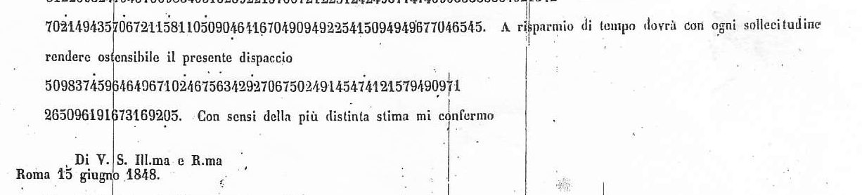 The end of the cipher dispatch: the last cipher line before the clear sentence, the clear sentence, and the last two lines of digits