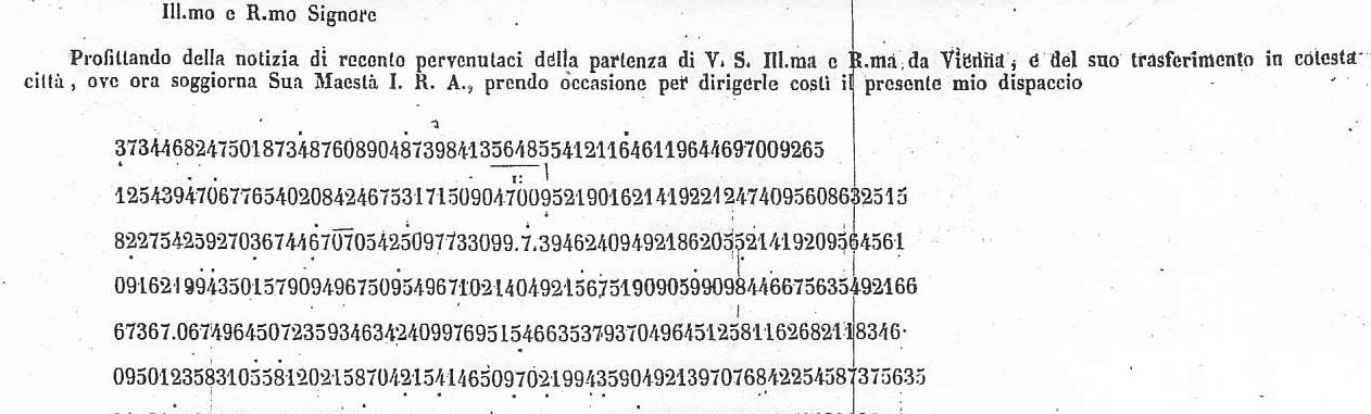 The opening of the cipher dispatch on the broadsheet: the clear first sentence and the first six lines of digits