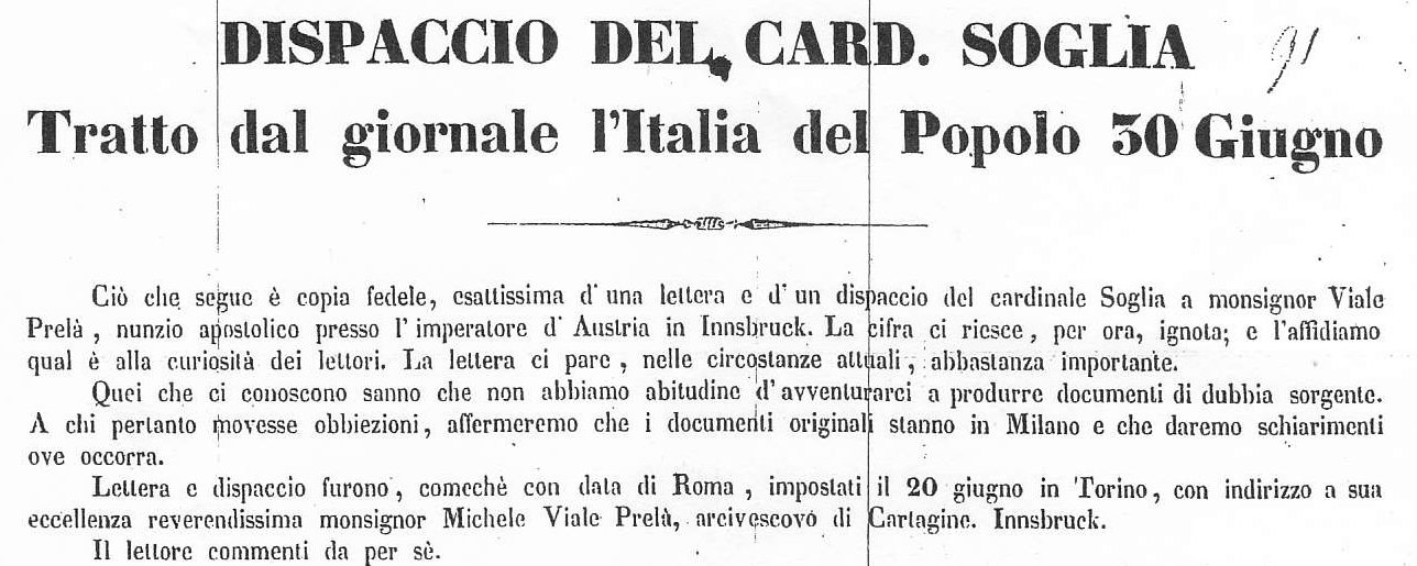 Head of the Roman broadsheet: Dispaccio del Card. Soglia, tratto dal giornale l'Italia del Popolo 30 Giugno, with the editors' preface