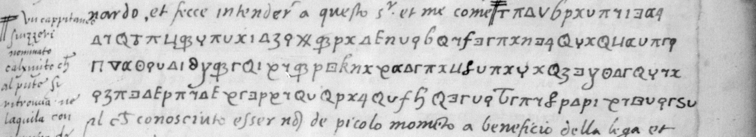 Folio 124 recto of BnF Français 3096: four lines of symbol cipher with a contemporary decipherment down the left margin