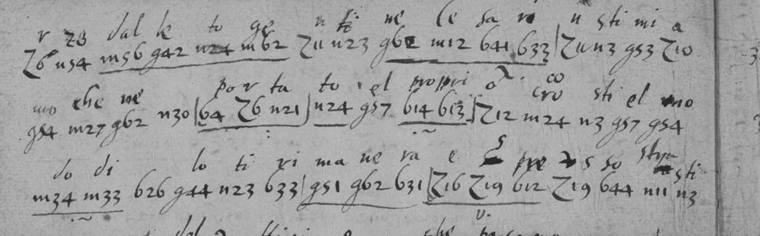 Three lines of groups made of a letter and figures, such as Z6 n54 m56 g42, with Italian syllables written above them