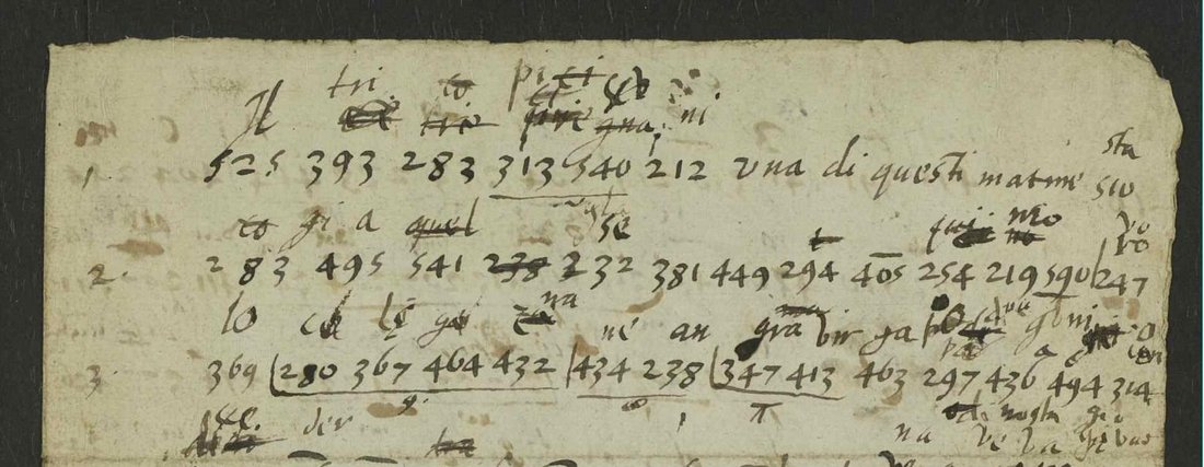 Three numbered lines of three-figure groups with clear Italian words, and the codebreaker's trial syllables written above and crossed out