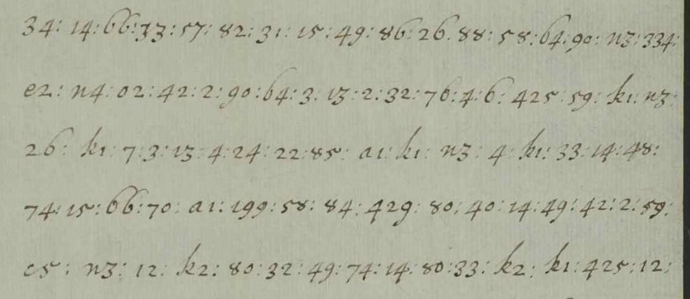 Five lines of numbers and letter-digit groups separated by colons
