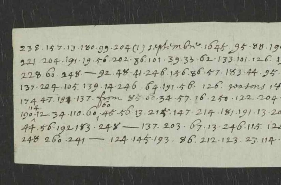 A strip of paper with eight lines of dotted numbers and the clear words septembre 1645, reasons and from