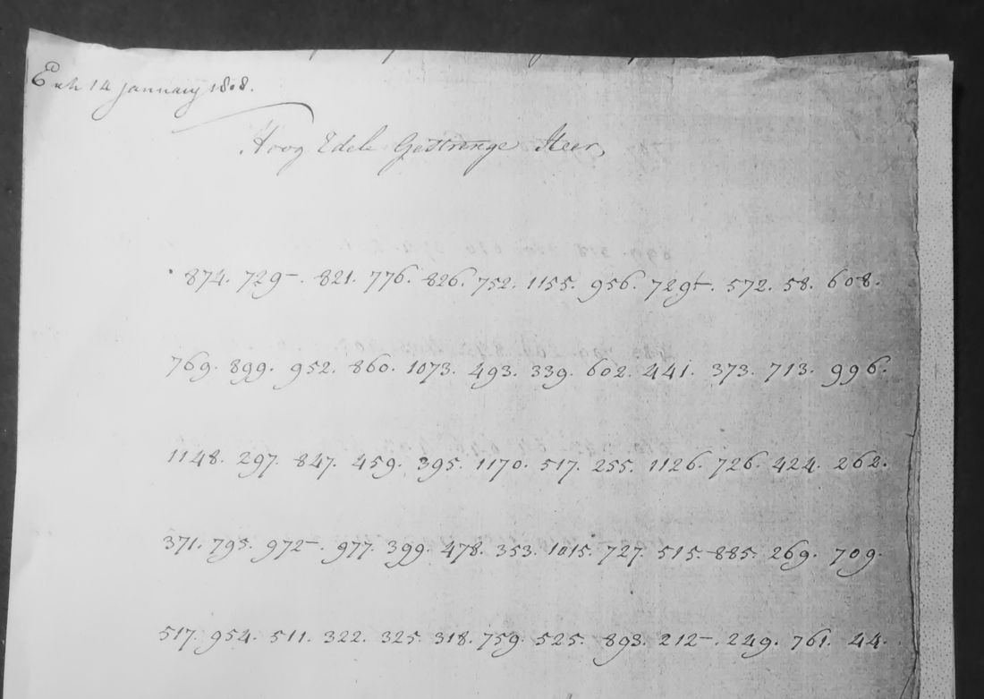The first page of the letter: 'Exh 14 january 1808', 'Hoog Edel Gestrenge Heer,' then rows of numbers separated by dots