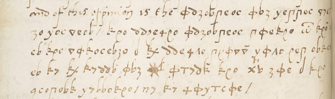 Five lines of handwritten cipher in Greek-like signs, preceded by the clear words 'and of this opinion is the'