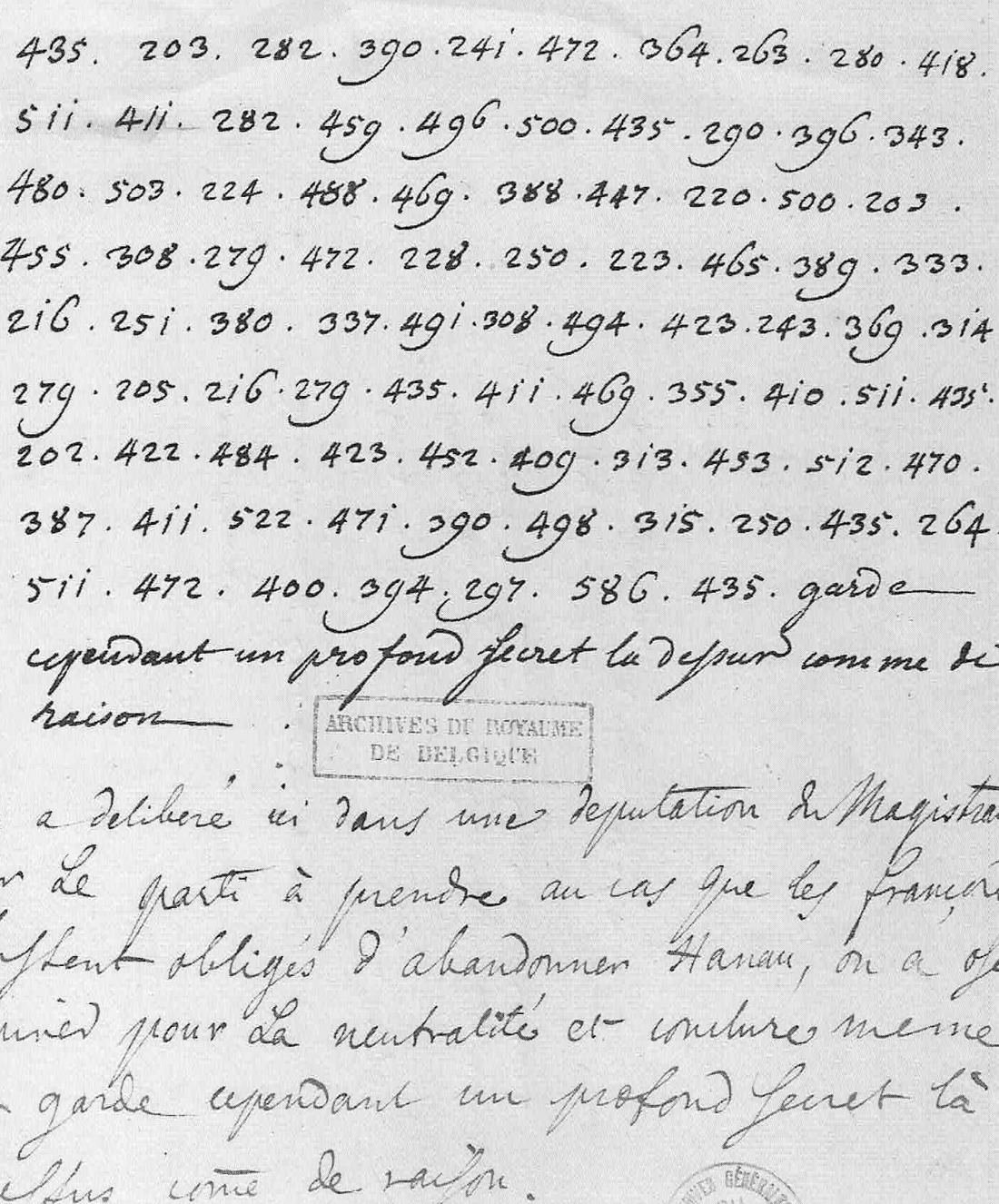 Page of numbers in groups of three separated by dots, followed by a French sentence in clear