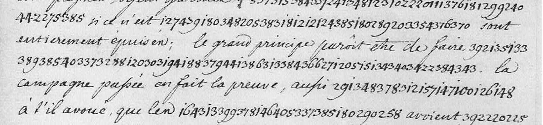 Handwritten French lines with long runs of digits between the words