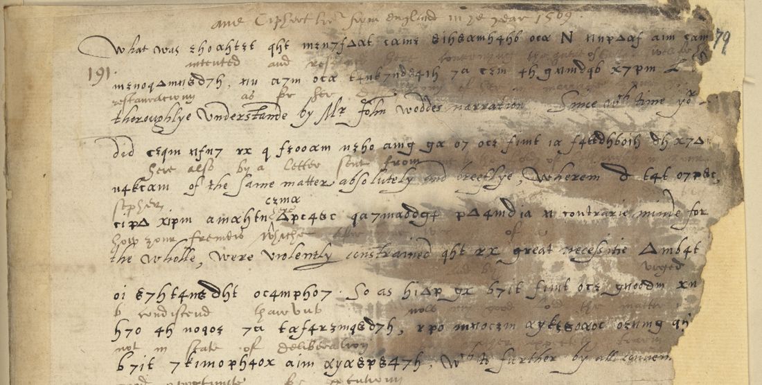 Top of f. 79r: clear text and cipher words, the interlinear decipherment faded under a brown water stain