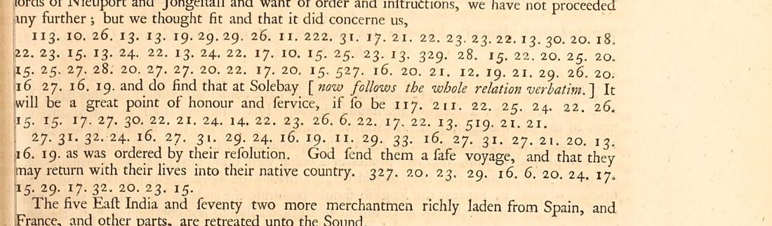 Printed page: lines of dotted figures beginning 113. 10. 26. 13. 13. 19, then 'and do find that at Solebay [now follows the whole relation verbatim.]', more figures, and 'as was ordered by their resolution'