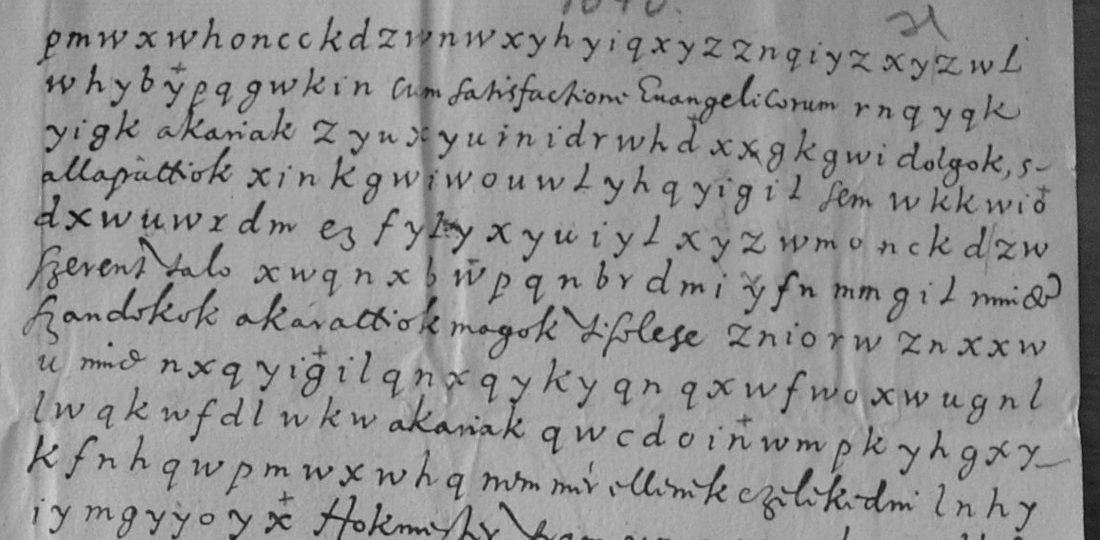The top of a page of continuous lowercase cipher letters with a few clear Latin and Hungarian words, such as 'Cum satisfactione Evangelicorum'
