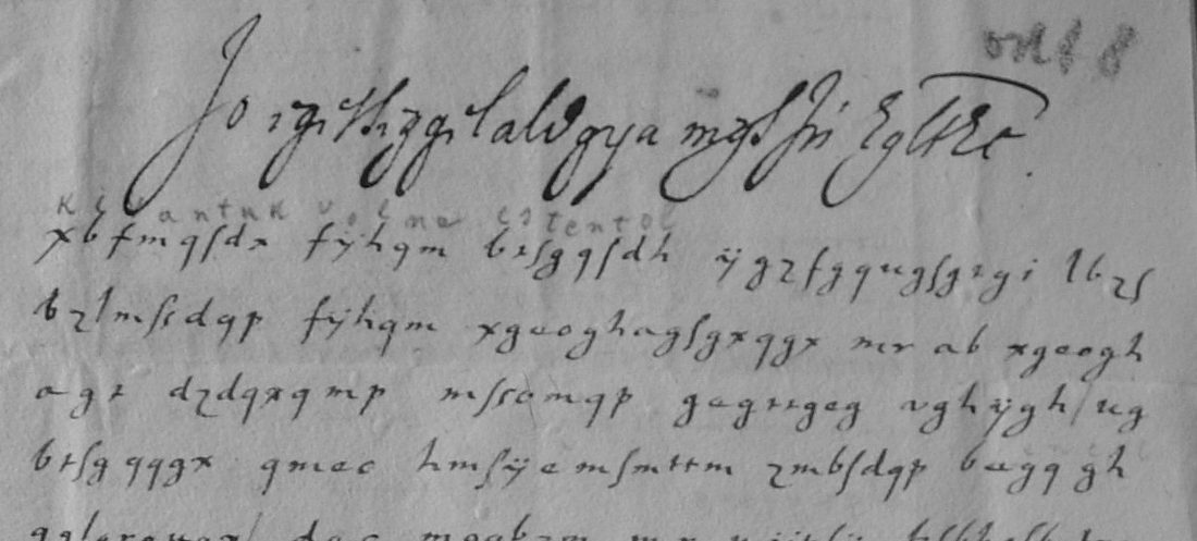 Opening lines of a cipher letter in a different, more angular hand, with a pencilled modern note above the first line