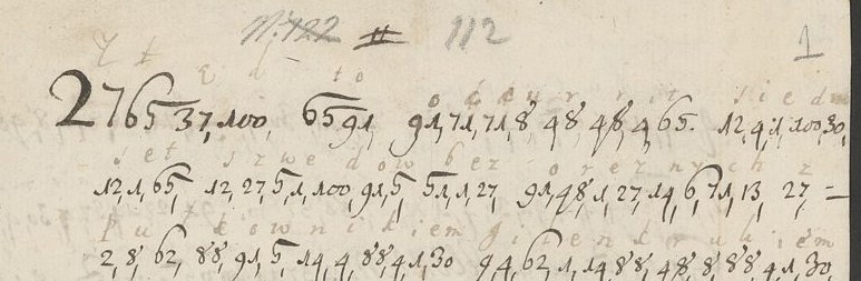 Comma-separated numbers with a faint Polish decipherment written letter by letter between the lines