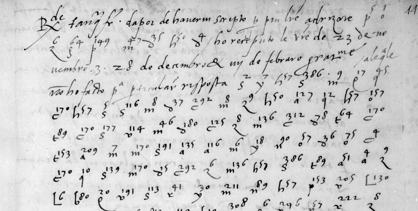 BnF fr. 3022 f. 44r: the clear opening to Garbino and the first lines of superscript-number code