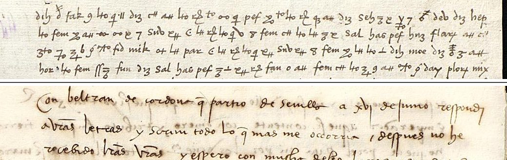 AHN Estado 8715 N.46, the opening lines of the cipher above and the opening lines of the clerk's decipherment below
