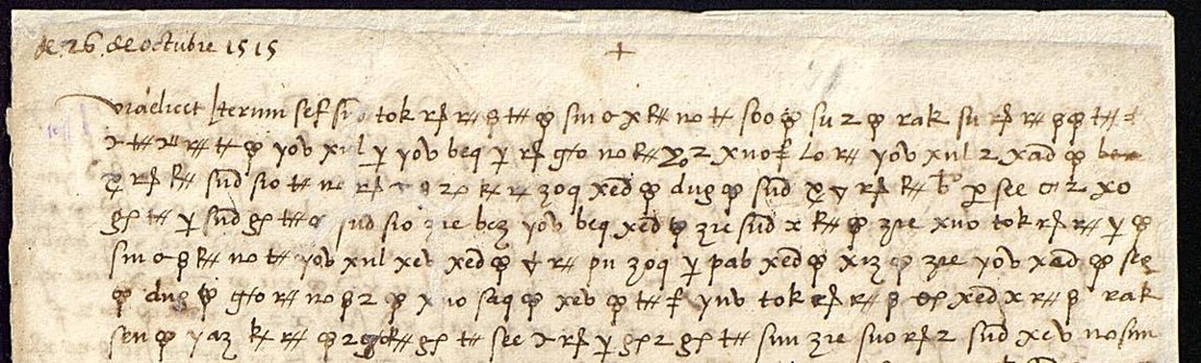 The head of the letter: the docket a 26 de octubre 1515, the opening videlicet iterum, then lines of code groups and signs