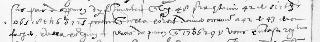 BnF fr. 3975 f. 101v, three lines: 48, 42 et, then the run d65 i8 th6 D725, then a 42 et 43 de, then the run 5 i 7 D 6 2 9 v before vous entretenir