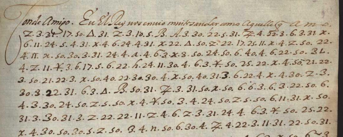The top of the 26 May 1663 letter: the greeting Conde Amigo in clear, then nine lines of numbers and letter-like symbols separated by points