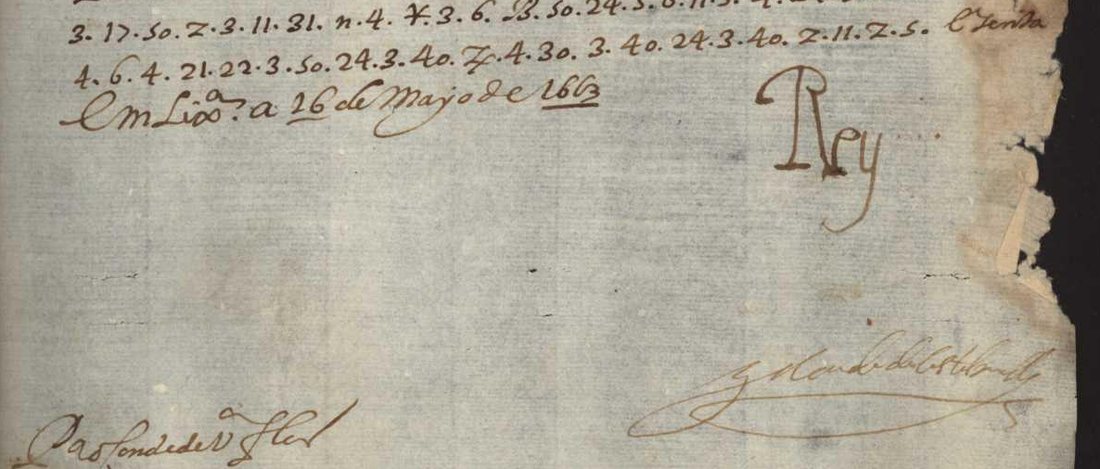 The foot of the 26 May 1663 letter: the last cipher lines, the clear date line Em Lixboa a 26 de Mayo de 1663, the signature Rey, Castelo Melhor's signature and the address to the Count of Vila Flor