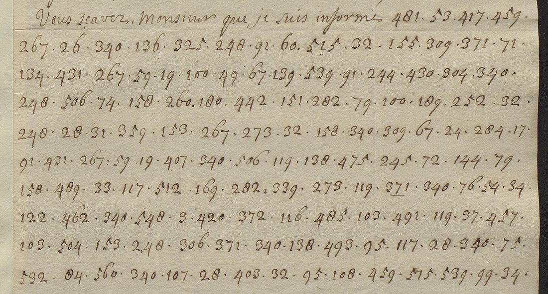 Lines of numbers separated by dots, beginning after 'Vous scavez, Monsieur que je suis inform&eacute;' with 481. 53. 417. 459, and 340 recurring through the lines