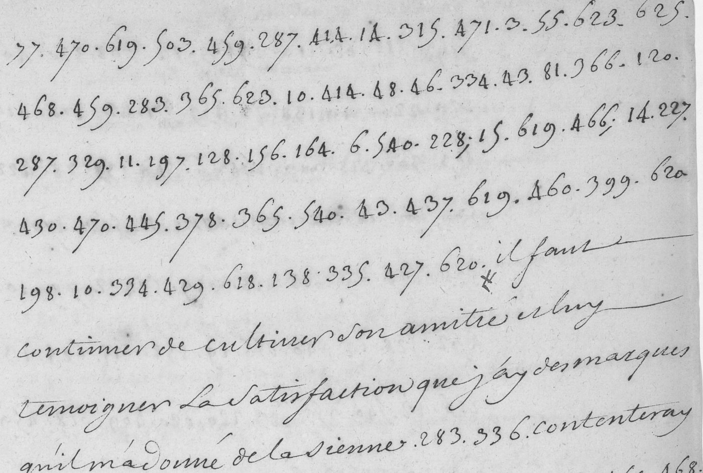 Manuscript lines with the cipher, from George Lasry&rsquo;s report