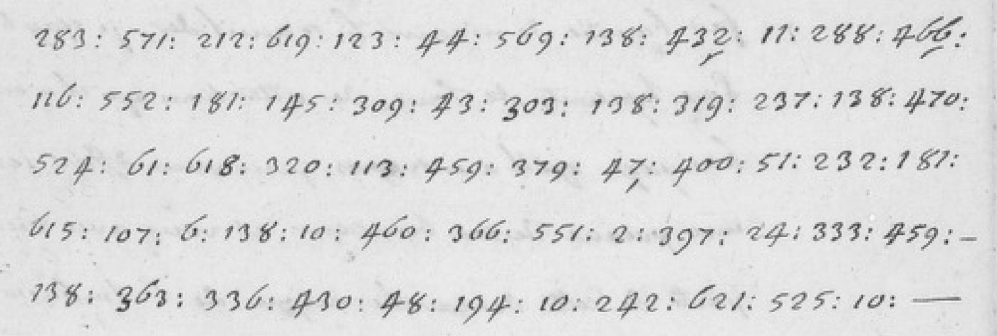 Manuscript lines with the cipher, from George Lasry&rsquo;s report