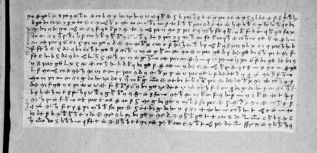 Parchment slip with sixteen lines of cipher signs