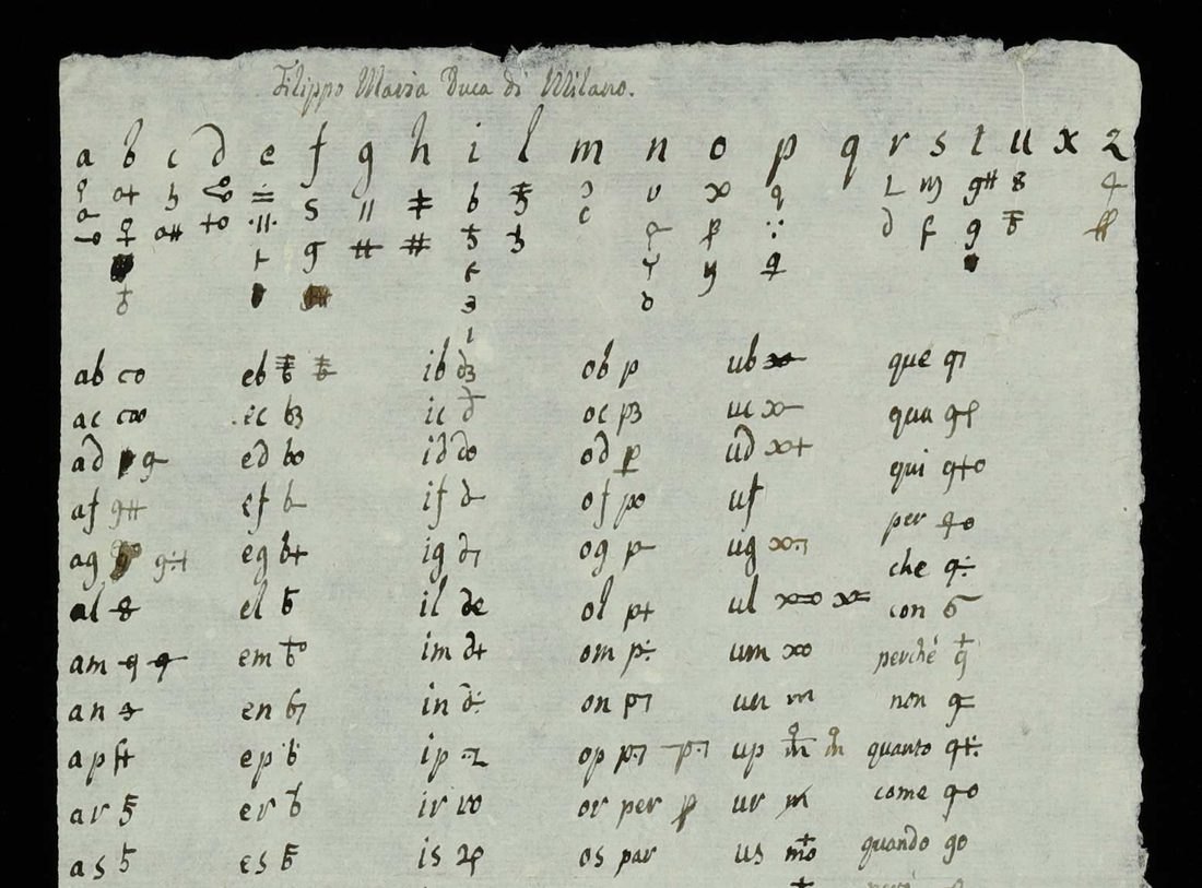 Eighteenth-century key sheet headed Filippo Maria Duca di Milano, with an alphabet of signs and a table of syllables