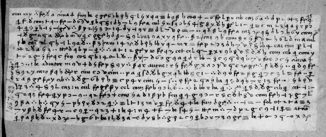 Parchment slip covered in cipher signs, fifteen lines, with a pencil date 1447 23 janvier in the margin