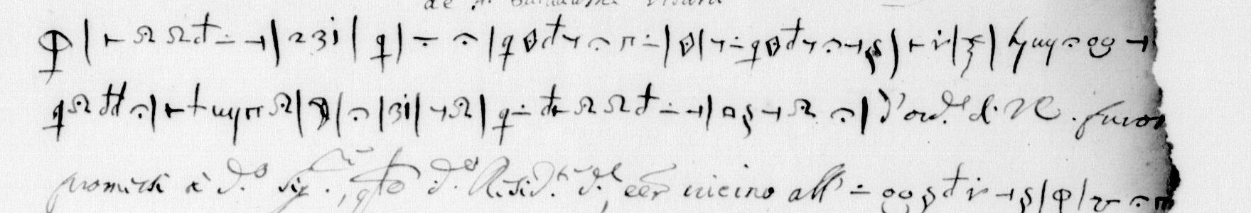 The first two lines of cipher on the letter, a row of look-alike symbols divided by strokes