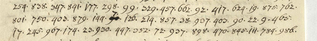 f. 4r의 숫자 세 줄. 가운데 줄에서 879와 144 다음에 번진 9가 줄로 지워지고 위에 7이 적혀 있으며, 그 뒤에 126이 온다