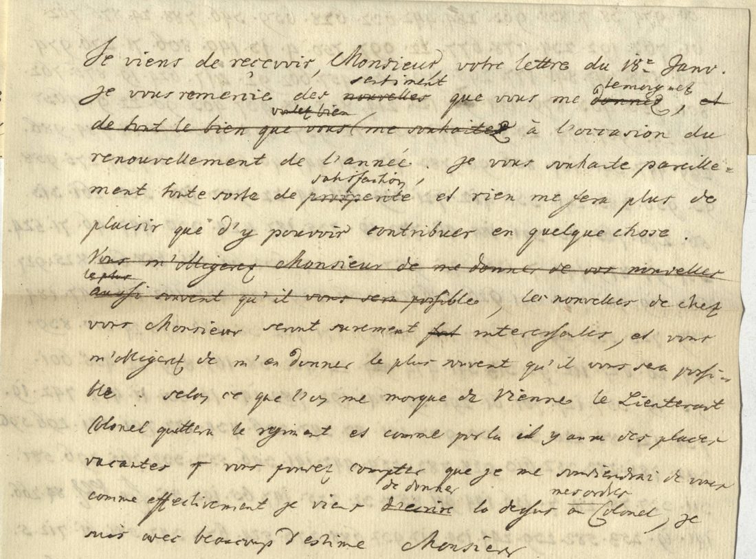 f. 4v의 프랑스어 초안. 'Je viens de recevoir, Monsieur, votre lettre du 18e Janv.'로 시작하며, 지운 단어들과 줄 위의 수정이 있다