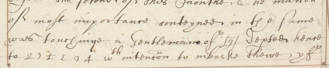 Four lines of English letter-book hand, the last two with a bracketed flourish and six cipher signs