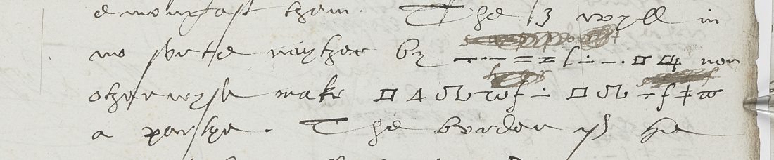 Four lines of an English secretary hand with two runs of geometric cipher signs, each with a heavily blotted line of writing above it