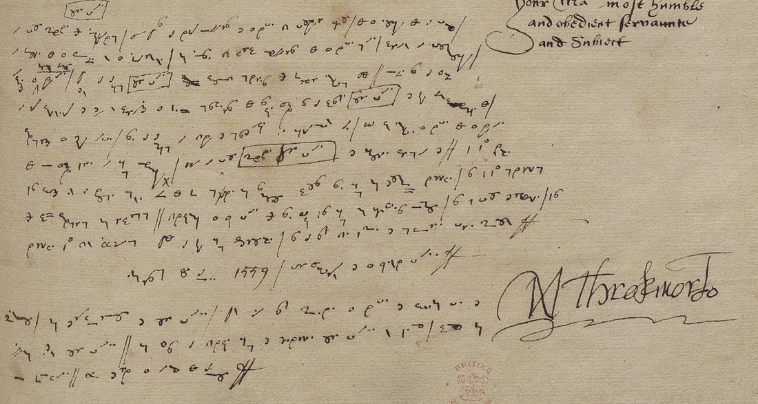 Lower half of the leaf: twelve lines of small cursive signs with boxed groups, a date line with 1559, a starred block, and Throckmorton's signature