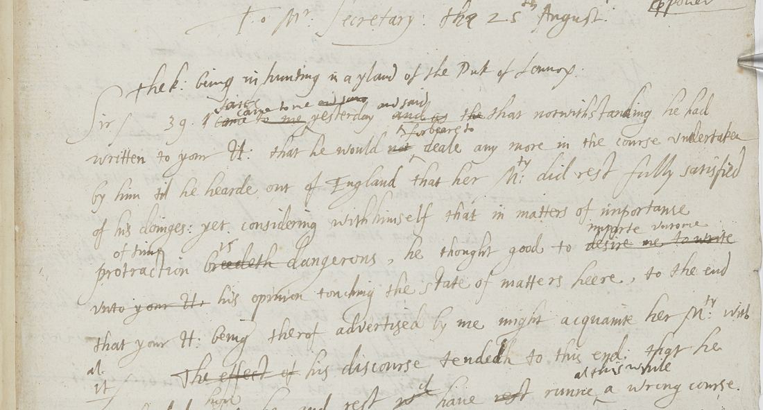 Part of a handwritten English draft with the heading 'To Mr Secretary the 25th August' and the opening 'Sir, 39. came to me yesterday'