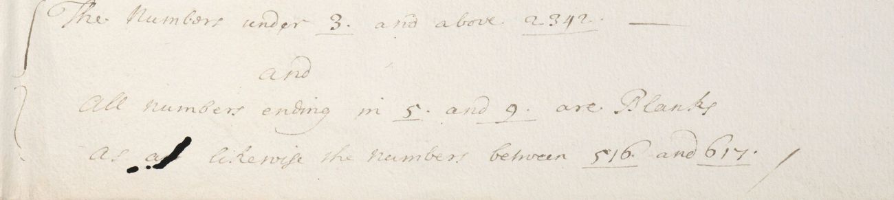 Handwritten note at the foot of the code sheet: The numbers under 3 and above 2342 and all numbers ending in 5 and 9 are Blanks, as are likewise the numbers between 516 and 617