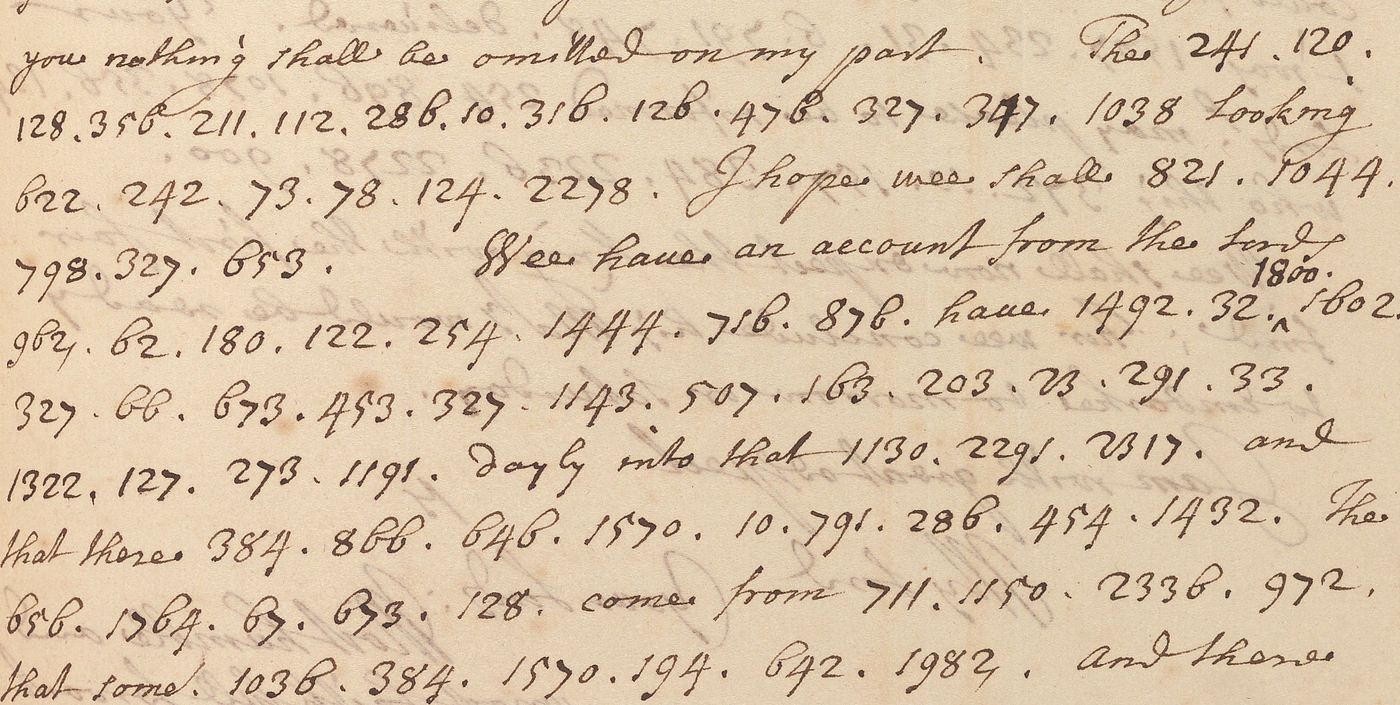 Yard to Manchester, Whitehall, 12 October 1699, first page: lines of figure groups separated by points, with clear words between them