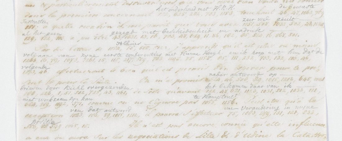 Letter No. 22: French clear text with lines of code numbers and a Dutch decipherment written over them